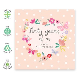 40th Anniversary Card Heart of Flowers & Butterflies- 'Forty Years Of Us Heart' - Gifts for Wife, Husband, Spouse, Partner, Parents, Mum, Dad - Together- Comes with Fun Stickers