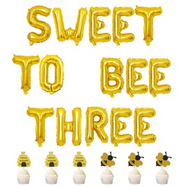 Sweet To Bee Three 3rd Birthday Party Decorations for Kids, SWEET TO BEE THREE Foil Banner with Big Bee Cupcake Toppers for Boys Girls 3 Years Old Birthday Party Decor Supplies