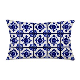 Asamour Cobalt Blue Home Decor Lumbar Pillow Cases 12x20 Inch Moroccan Tile Spanish Floral Outdoor Throw Pillowcase Bohemian Geometric Cushion Cover for Sofa Bed Couch