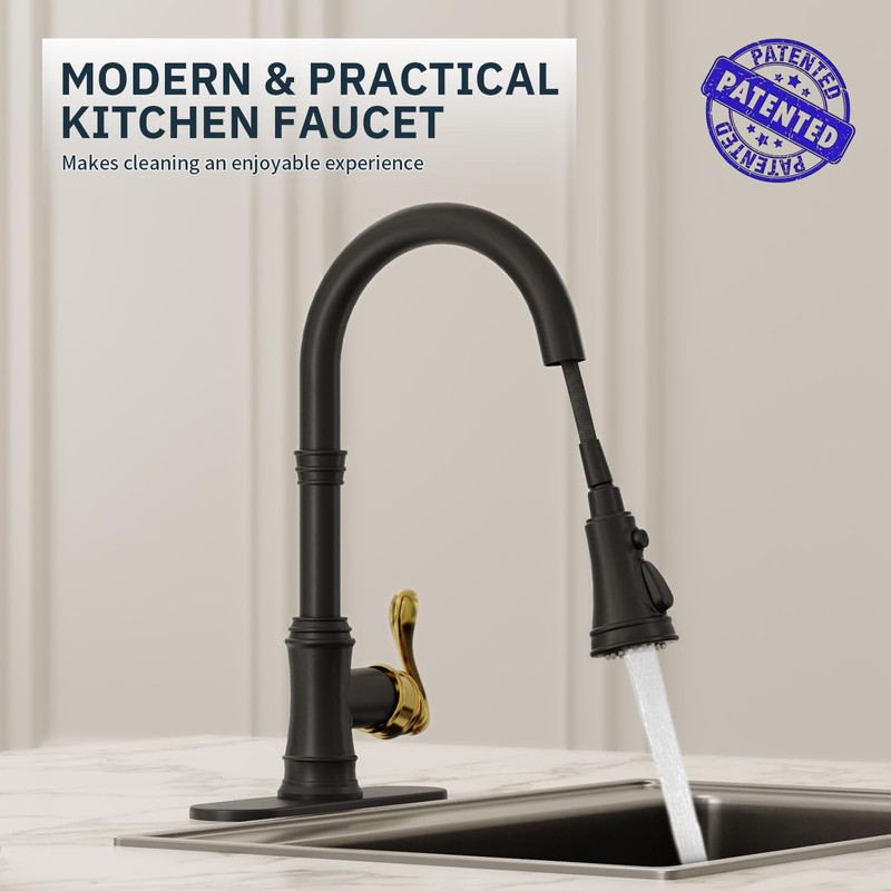 BWE Black Kitchen Faucet with Pull Down Sprayer and Gold