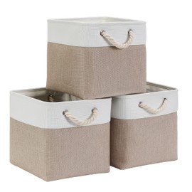 Mangata Storage Box 30 x 30 x 30 cm, Storage Basket with Handle, Fabric Storage Basket for Shelf, Cupboard and Clothes (Foldable, Light Khaki White, Set of 3)