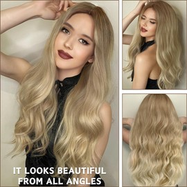 LUFFLOK Long Blonde Wave Wigs for Women Girls 27’’ Curly Wigs Synthetic Wig Women's Charming Full Hair Long Replacement Hair Wig for Ladies Fancy Dress Party Cosplay Daily Use (Blonde)