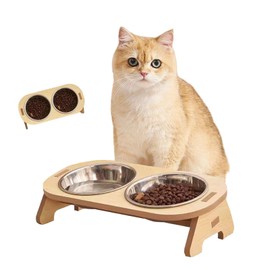 Druuzyl Raised Cat Bowl Stainless Steel with Bamboo Stand - Feeding Bowl & Water Bowl for Cats and Dogs, Non-Slip Feeding Station with Wooden Base