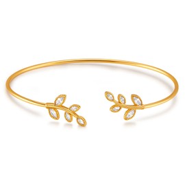 crataly Olive Leaf Cuff Bangle Bracelet for Women Adjustable Open Bangle Gold Plated with Sparkling Cubic Zirconia Leaves Stackable Jewelry Gifts for Mom Teen Daughter Granddaughter
