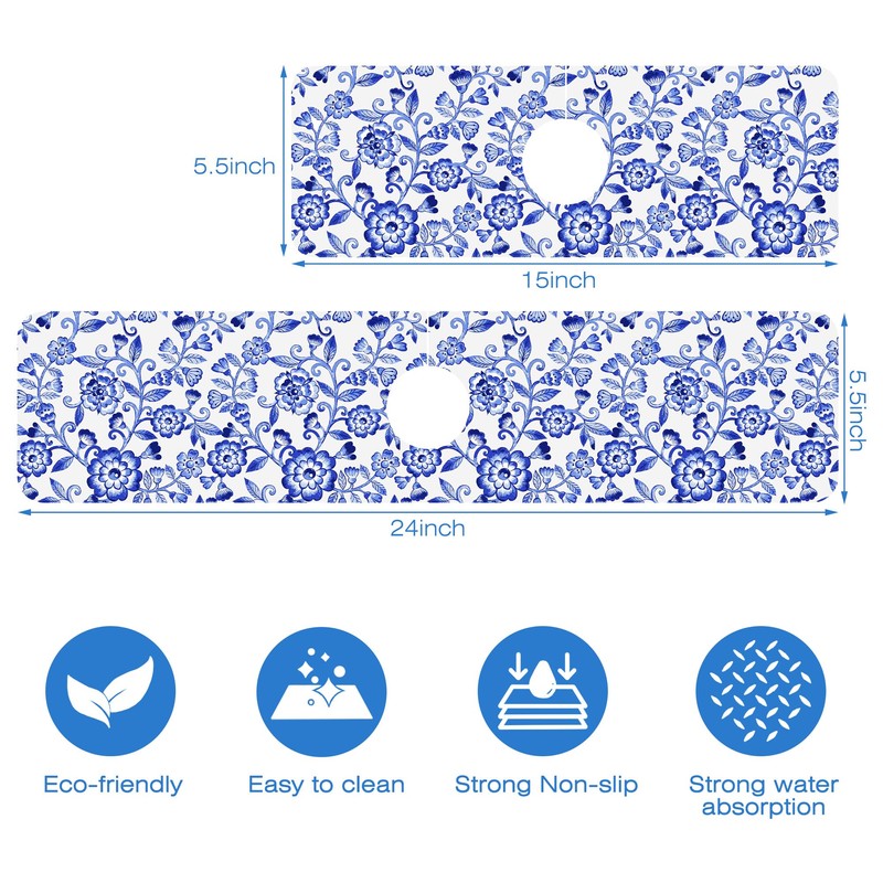 Watercolor Blue Floral Kitchen Sink Splash Guard Mat - Absorbent