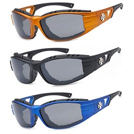 3 Pairs Choppers Padded Foam Wind Resistant Riding Sunglasses (Orange/Black/Blue)