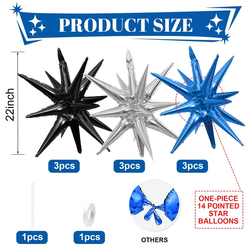 Iridescent Star Balloons,9Pcs Iridescent Explosion Star Foil Balloons,22Inch Spike Cone