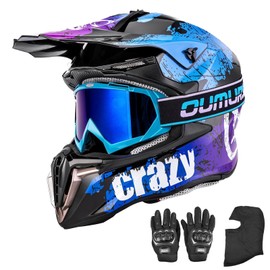 OUMURS Adult ATV Dirt Bike Helmet with Gloves & Mask Adjustable Sun Visor Motorcycle Adult Helmet Off-Road Motocross Downhill Moped MX for Unisex-Adult-Crazy Blue, XL