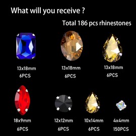 186 Pieces Rhinestones for Sew-on, Gemstones, Diamond, Glass Crystal Rhinestones, Clothing Decorative Diamonds, Hand-Stitched Diamond Accessories for DIY Clothing, Bridal Shoes Accessories (Colour