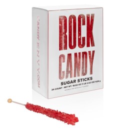 Red Rock Candy Sugar Sticks - Strawberry Flavored - 24 Individually Wrapped Red Candy Party Favors