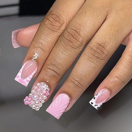 French Pink Press on Nails Medium with 3D Water Ripple Wearable Nail Glitter Pearl Nail Art False Nail French Press on Cute Stick on Nails Wearable Nail Tips Daily Wear Nails for Women 24Pcs