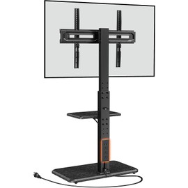 Perlegear Floor TV Stand with Power Outlet, Universal TV Stand for 32-75 inch TVs up to 110 lbs, Height Adjustable Standing TV Mount, Tall TV Mount with Wood Base, Max VESA 600x400mm, PGFS06