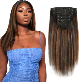 ABH AMAZINGBEAUTY HAIR Light Yaki Clip ins Rooted Black Piano Natural Black #1B Fading into Medium Auburn #30 Two Tone Yaki Straight Clip in Hair Extensions 18 Inch Yaki Clip ins for Black Women 120G