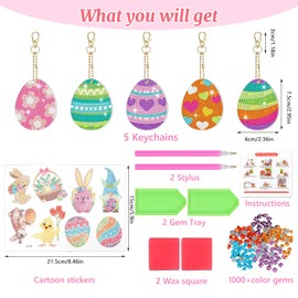 NTGFU Pack of 13 Diamond Painting Easter Set, Diamond Painting Key Ring Double-Sided Easter Eggs Decoration 5D Pendant Diamond Art Sticker Diamond Painting Crafts DIY Children Gift