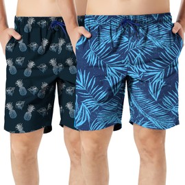TEX2FIT 2-Pack Men's Swim Shorts with Pockets, Quick Dry Swim Trunks with Mesh Lining (Blue Leaves/Pineapples, X-Large)