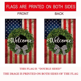 American US Flag Spring Boxwood Wreath 4th of July Garden Flag Burlap Vertical Double Sided,Welcome US Bow Patriotic Summer Farmhouse Rustic Flag Yard Outdoor Decoration 12.5 x 18 Inch