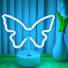 VIFULIN Butterfly Neon Sign - Iceblue LED Neon Light for Girls Bedroom Decor, Butterfly Lamp Gifts for Teen, USB/Battery Operated Aesthetic Night Light with Base for Birthday Christmas Desk Table