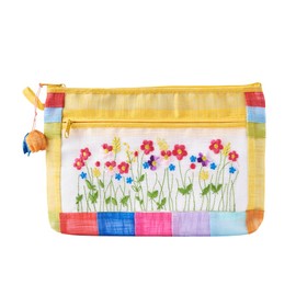 BOJAGI JADE Korean Traditional Patchwork Pouch – Hand-Embroidered Floral Design with Zipper (Yellow)