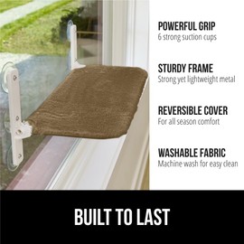 GORILLA GRIP Cat Window Perch, Sturdy Cat Bed Window Hammock with 6 Large Suction Cups, Foldable Cordless Indoor Wall Shelves, Strong Metal Frame Holds 30lbs, Reversible Washable Cover, Medium Brown