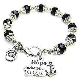 ChubbyChicoCharms Hope Anchors The Soul Beautiful Black Crystal Bracelet with Intricate Bead Caps for Women, Teens, Girls