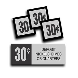 Vending Machine Coin Slot Change Decal Sticker, 30 Thirty Cent Compatible with Vendo Soda Pop Soft Drink H63 H63A Vintage or Current is 1 1/4 x 3 1/4 Inch Black on Silver Plus 3 Square Decals
