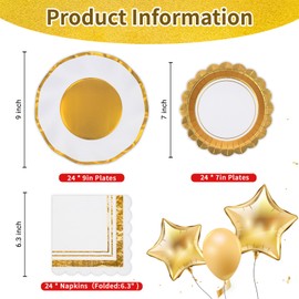 ECOHOLA Gold and White Party Supplies Disposable 9" Dinner Plates 7" Dessert Plates Scalloped Luncheon Napkins for Birthday Wedding Anniversary Engagement Bachelorett Party Decorations, Serve 24