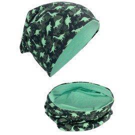 HECKBO Children's Beanie Hat & Scarf, Tube Scarf Set, for Girls and Boys, 95% Cotton, Autumn, Spring, Winter, Dinosaurs