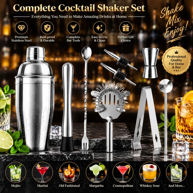 Stainless Steel Cocktail Shaker Set for Home Bartending – Complete