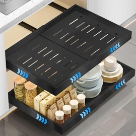 Telescopic Drawer for Gluing, Pack of 2 Extendable Kitchen Drawers, (43 cm Depth) Kitchen Drawer Organiser with 3 Rail System, Slide Out Drawer, No Drilling and Nailing Required, Black