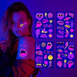 Jastli 4 Sheets Glow in The Dark Temporary Tattoos for Kids Adults Waterproof Neon UV Blacklight Body Face Flash Fake Tattoo Stickers Rave Party Supplies (Multicolor-3)
