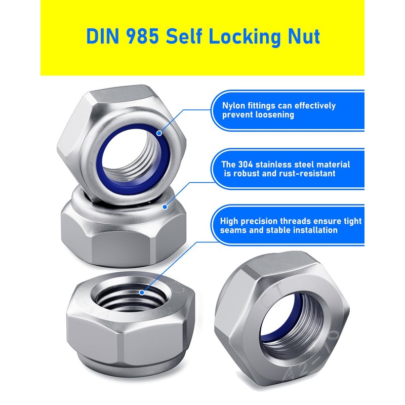HOLMOL M6 Nylock Nuts 60PCS, 6mm Stainless Steel Locking Nuts,