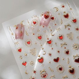 5D Embossed Nail Art Stickers Red Heart Nail Decals Gold Star Nail Stickers for Nail Art with Sun Moon Design Self-Adhesive Acrylic Nail Supplies for Women Manicure Decorations