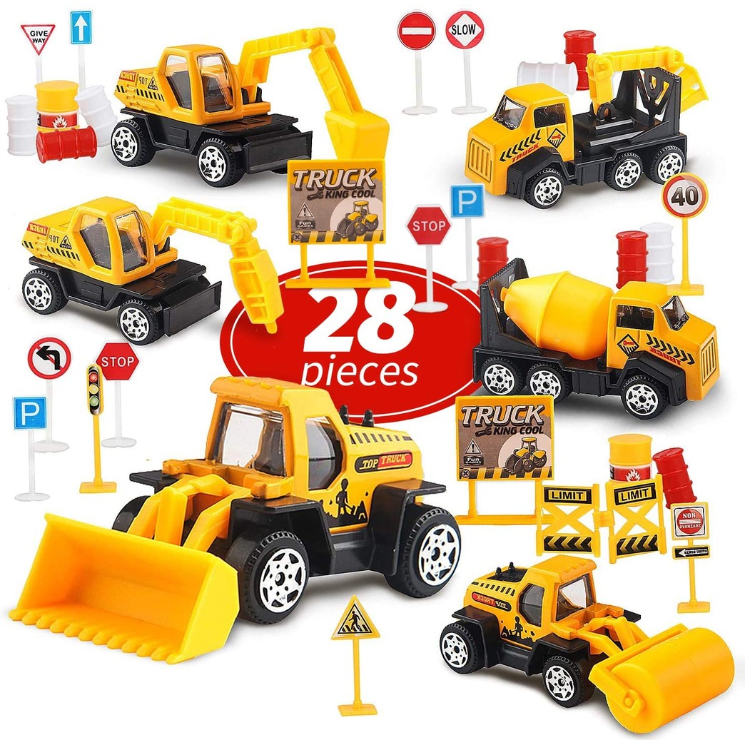 Toy Life Small Construction Toy Trucks - 28 Piece Sandbox Toy Set with 6X Die Cast Metal Construction Vehicles - Toy Bulldozer, Metal Dump Truck, Diecast Backhoe, Cement Mixer Toy Truck, Excavator Toy