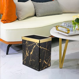 Huaqinglian Small Office Trash can Bedroom Wastebasket,Rectangle Slim Bathroom Kitchen Garbage can 2.6Gallon(Black Gold Marble)