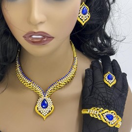 LifflyLadys Costume Jewelry for Women Wedding Bridal Bridesmaid Rhinestone Austrian Blue Crystal Teardrop Statement Necklace Gold Bracelet Dangle Earrings Ring Set Party Gifts for Women