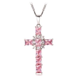 U7 Pink Cross Necklace for Women, Platinum Plated Cross Chain Cubic Zirconia Cross Faith Necklaces Pendant