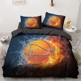 YASMENG Basketball Bed Linen 135 x 200 cm Boys Flame Water Orange Duvet Cover Soft Microfibre Bed Linen Basketball 2-Piece for Teenagers Children Gifts with Zip and 80 x 80 cm Pillowcase