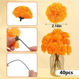 JMUQ 40Pcs Artificial Marigold Flowers, 2inch Silk Marigolds with Stems, Orange Artificial Flowers for Diwali Home Decor Marigold Garland Day of The Dead Decorations