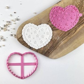LissieLou Frilly Heart Cookie Cutter and Stamp Valentine's Day Icing Stamp Fondant Embosser - Pink