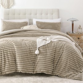 Smoofy Fluffy King Size Comforter Set 3 Pieces - Linen Fleece Fluffy Comforter Set, Luxury Fuzzy King Bedding Set, Soft King Bed Set All Season, Heavy Faux Fur Comforter with 2 Pillow Cases