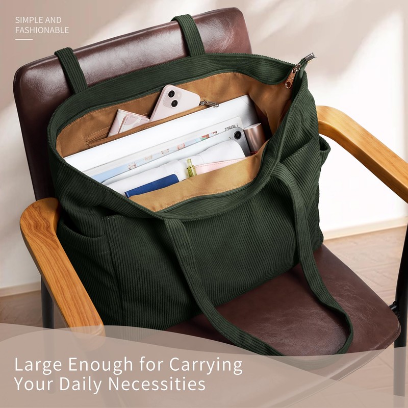 WLLWOO Large Corduroy Tote Bag Women Anti Splash Zipper Casual