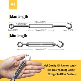 RiaYer 5PCS M5 Hook & Eye Turnbuckle 304 Stainless Steel Turnbuckle Wire Rope Tension Heavy Duty Turnbuckles for Cable Railing Wire Rope Hardware Kit