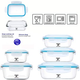 MOSS & STONE Kitchen Glass Food Storage Containers Set with Lids. (10 Pieces) Transparent Lids I BPA Free I Oven I Freezers I Microwave I Dishwasher | Glass tupperware set I Variety of size Leak-proof