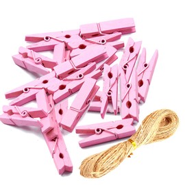 Topxome 100pcs Mini Clothes Pins Natural Wooden Small Clothespin Mini Photo Clips Picture Collage Holder with Jute Twine (Pink)