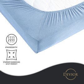 Devior Jersey fitted sheet, 180 x 200 - 200 x 200 cm, light blue, bed sheet, 100% cotton, up to 22 cm mattress height elastic band, Oeko-Tex made in green, fitted sheets, mattress cover, 180 x 200 cm
