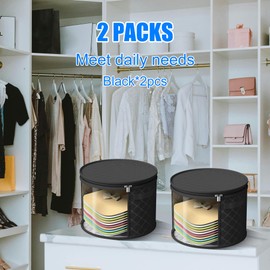 Veki 2pack Clear Hat Organizer for Closet, Hat Boxes for Women Storage With Dustproof Lids, Hat Box for Travel and Storage, Cowboy Hat, Stackable Round Brim Hats Organizer Bag Container (Pure Black)