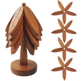 LUSTERING Wooden CoastersTrivets for Hot Dishes,Heat Resistant Tree Trivets, 4 Wooden Trivets + 1 Stand Stored Wooden Tree Coasters with Holder for Kitchen and Dining Table Protection (Walnut Wood)