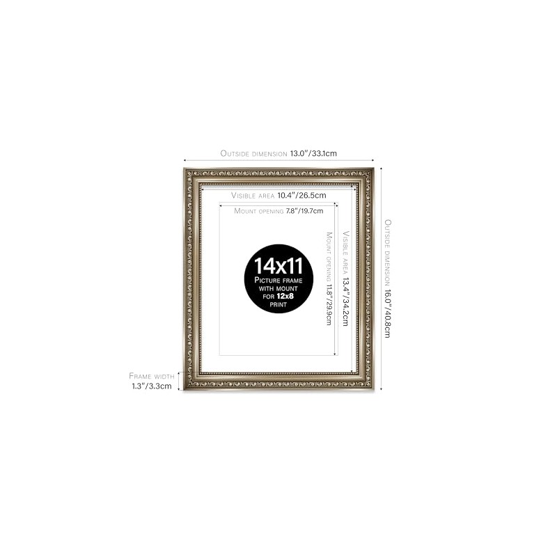14x11 Gunmetal Ornate Photo Frame With White Mat For 12x8