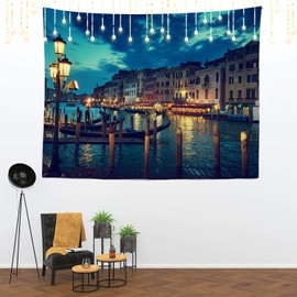Shrahala Sunset Italy Night Tapestry, Sunset Time Venice Italy Night Venezia Wall Hanging Large Tapestry Psychedelic Tapestry Decorations Bedroom Living Room Dorm(59.1 x 82.7 Inches, Blue 6)