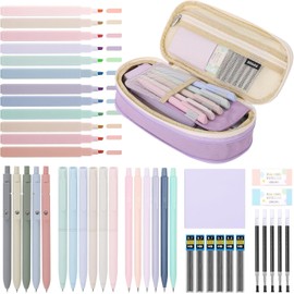 SKYDUE Pack of 44 School Supplies Aesthetic with Large Capacity Pencil Case, 12 Pastel Highlighters, 11 Gel Pens, 6 Mechanical Pencils, Pen Set School Aesthetic School Stuff Astatic School Stuff